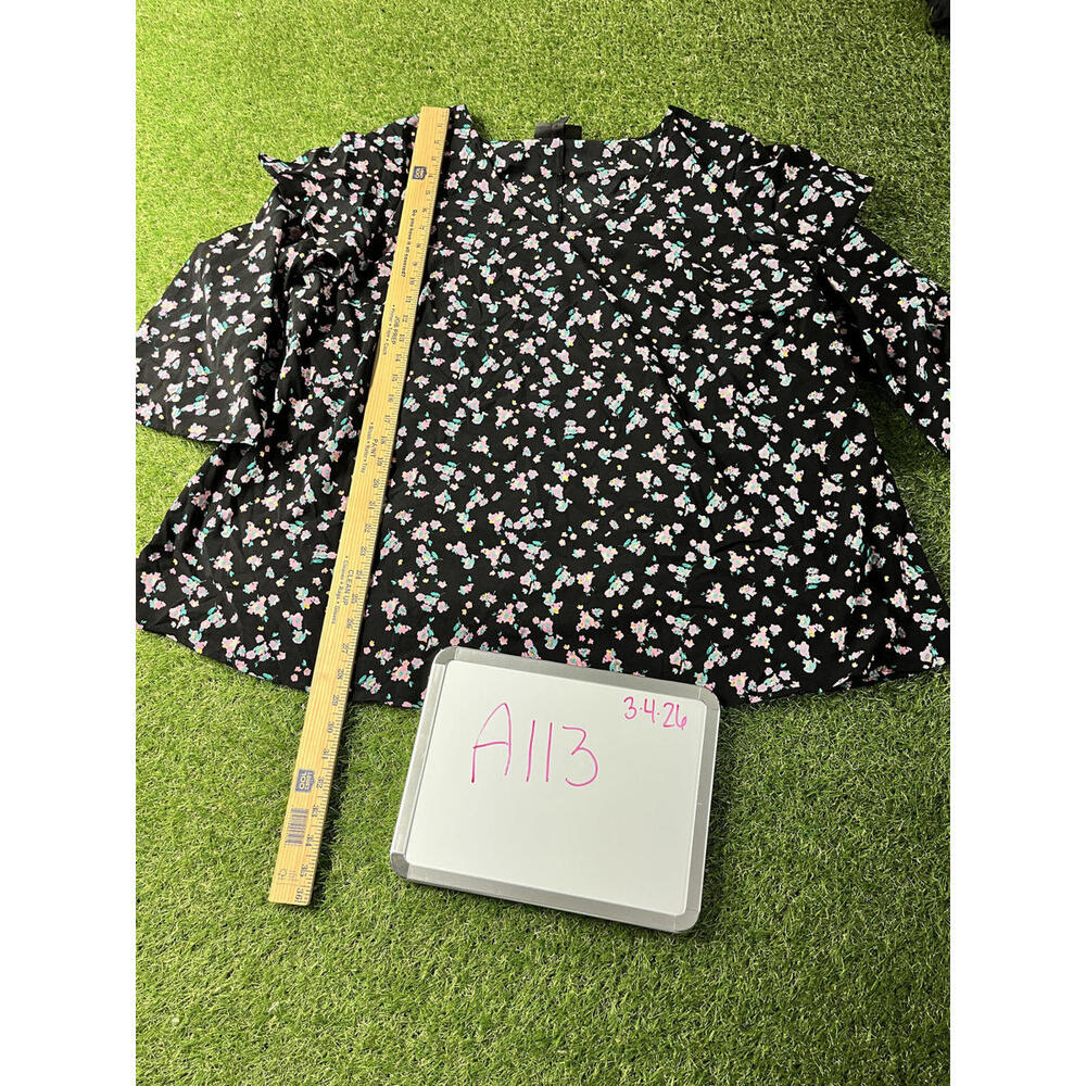 Lane Bryant top womens Size 22/24 microfloral ruffle‎ 3/4 sleeve blouse black